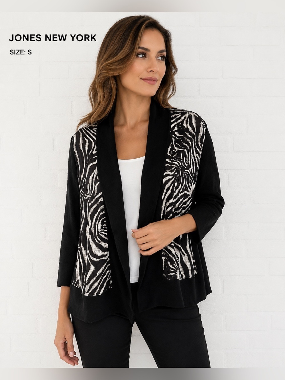 JONES NEW YORK Collection open black zebra-print Cottagecore cardigan /size S
